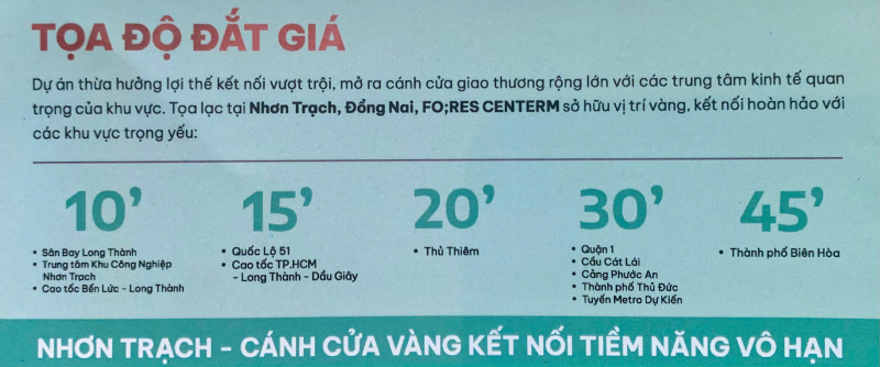 Khoảng cách từ dự án Fo;res Centerm đến các tiện ích và hạ tầng